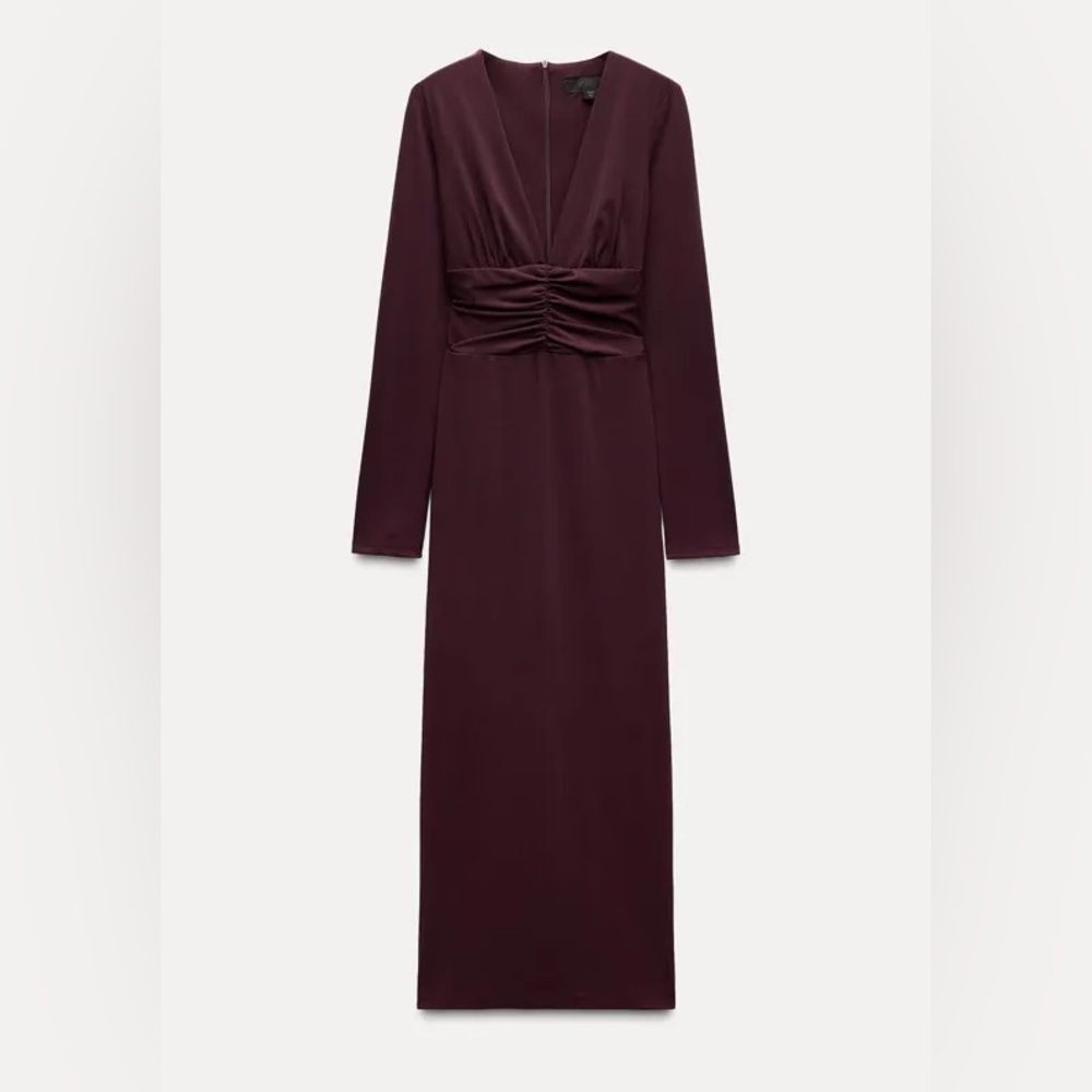 ZARA Maroon Long Sleeve Dress W Gathered Waist Detail. L NWT